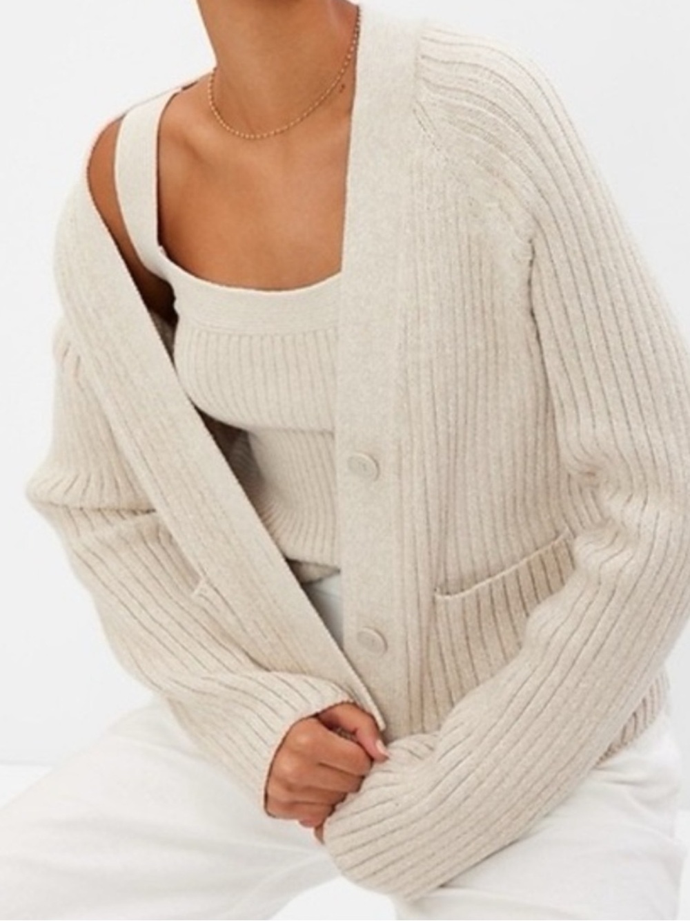 GAP Beige Chunky Ribbed 100% Cotton Button Front Cardigan Size Medium